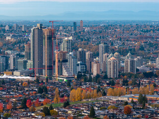 Bustling Burnaby Skyline With Tower Under Construction In Greater Vancouver At Dusk Cityscape