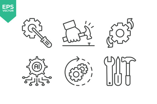 Set Of Repair Line Icons. The set includes a Maintenance, Repairman, Home Repair, Customer Service, Car Repair, Tools, Appliance Repair, and more.