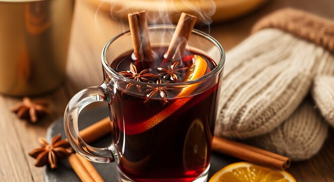 Cozy winter mulled wine in a glass with cinnamon sticks and orange slices