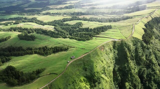 Aerial view of the beautiful volcano. Enjoy breathtaking views of the island's green hills and valleys. nice weather, gentle clouds Azores, Sao Miguel, Sete Cidades