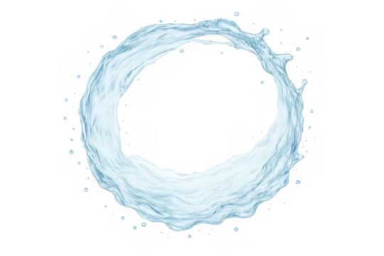 Water splash liquid ripple circle forming abstract shape with droplets and transparent background