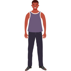 Full body illustration of a smiling dark-skinned man wearing a grey tank top and dark blue jeans standing against a white background