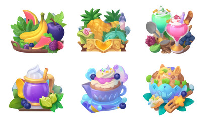 Fototapeta premium Colorful Fruit and Dessert Illustrations with Vibrant Shapes and Styles