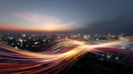 Abstract Data Streams Illuminate City Skyline at Dusk, Creating a Vibrant and Dynamic Visual Experience