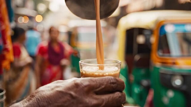 Pouring authentic chai tea street market beverage photography urban setting close-up cultural experience