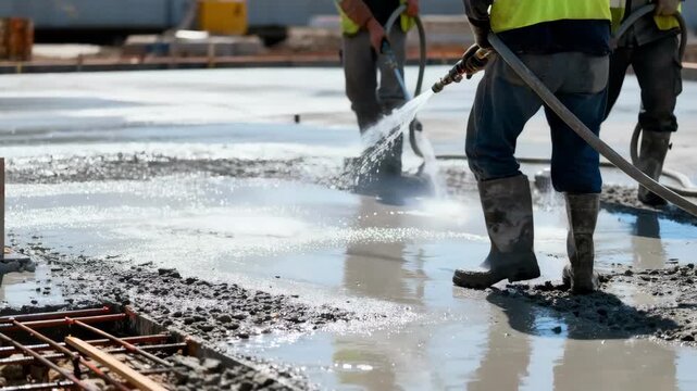 Medium shot of workers spraying water on freshly poured concrete for wet curing highlighting moisture retention to enhance strength and durability.