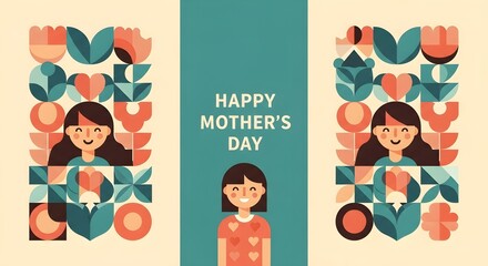 Vibrant geometric illustration of three smiling women surrounded by stylized flowers and hearts for Mother's Day.