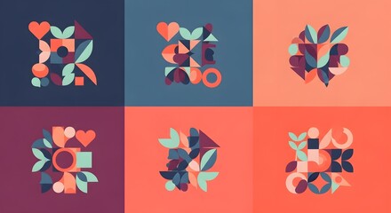 Colorful abstract patterns composed of overlapping geometric shapes like hearts, circles, and stylized leaves.