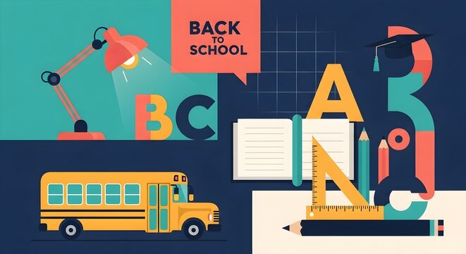 Vibrant back to school illustration with essential academic supplies and transportation elements.