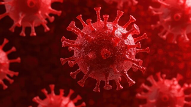 Microscopic view of red virus particles.