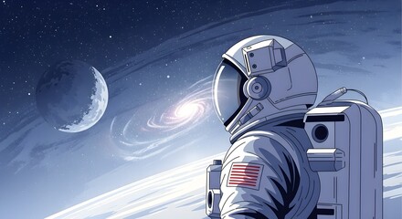 Astronaut in a white spacesuit observes a distant spiral galaxy and large planet from a celestial surface.