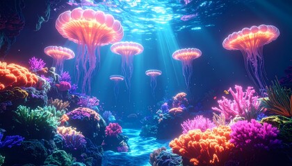 Vibrant Underwater World with Glowing Jellyfish and Colorful Coral Reefs.
