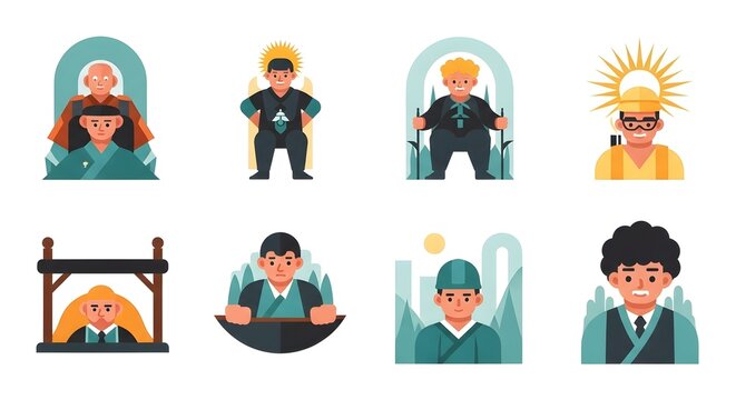 A collection of diverse stylized character portraits featuring individuals in various attire and settings.