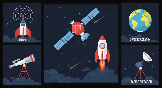 A collection of space exploration and communication technology illustrations against a starry dark blue background. - Powered by Adobe