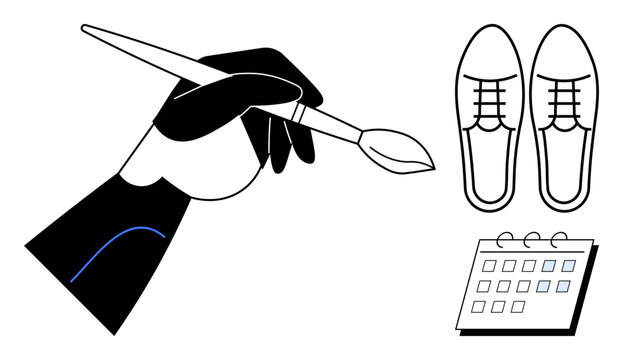 A hand holding a brush, classic shoes, and a calendar layout. Ideal for art, design, planning, scheduling, creativity, craftsmanship daily tasks simple flat metaphor
