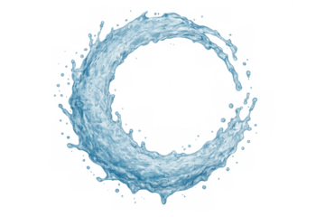 Water splash forming a blue circular wave with liquid drops, creating a dynamic motion. Transparent background