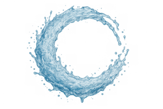 Water splash forming a blue circular wave with liquid drops, creating a dynamic motion. Transparent background