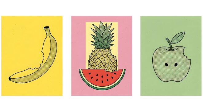 Graphic illustrations of bitten banana, pineapple, and apple with halftone texture on vibrant backgrounds.