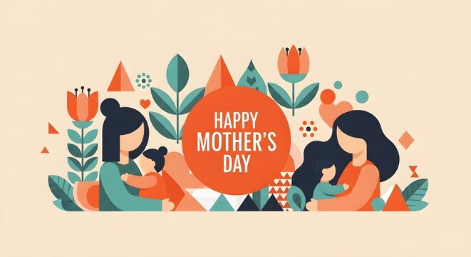 Graphic illustration of two mothers embracing babies with floral and geometric shapes for Mother's Day.