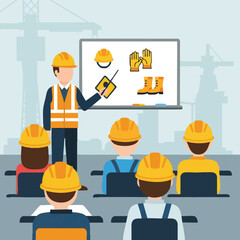 A construction worker in a safety vest leads a training session, explaining safety protocols to a group of attentive colleagues in a workshop environment.