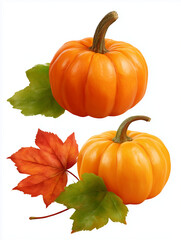 Pumpkins and autumn leaves on white background