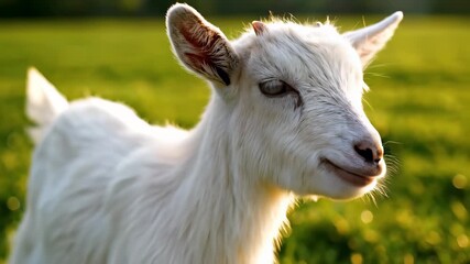 Curious Goat Standing in Lush Green Field, Capturing the Concept of Innocence and Playfulness, Perfect for Representing a Fresh Start or Sense of Freedom in Advertising, Branding.