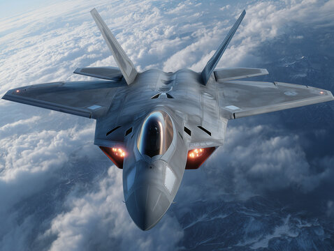 F-22 raptor stealth jet fighter flying high in sky