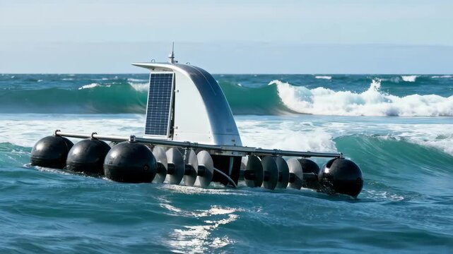 Midrange view of an offshore wave energy device harnessing deepsea wave fluctuations showcasing renewable energy technology in open water.