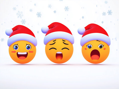 Christmas emojis singing carols under falling snowflakes