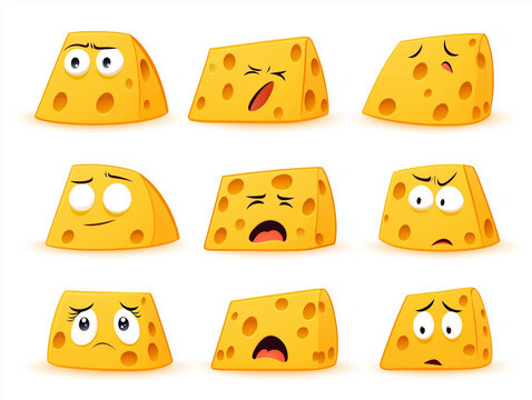 Cartoon cheese characters showing diverse emotions and expressions
