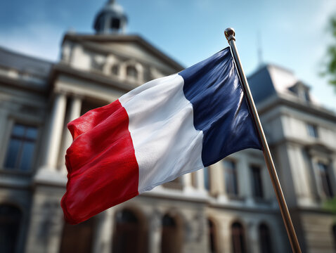 French flag flying on a pole in front of a government building