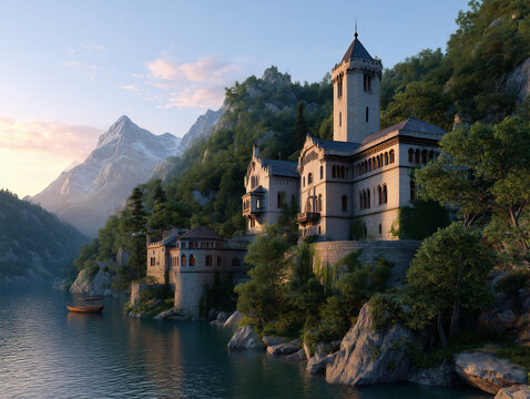 Fairy tale castle by mountain lake at sunset