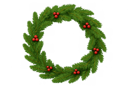 Christmas wreath with green pine branches and red berries, symbolizing holiday cheer and winter decoration on transparent background - Powered by Adobe