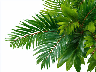 Fototapeta premium Tropical green leaves with palm fronds on white