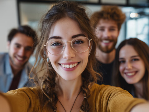 Young woman taking a selfie with smiling friends