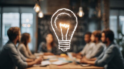 Brainstorming in Focus: A diverse team collaborates in a modern office, a vibrant lightbulb symbolizing innovation and creative energy shines above the group.