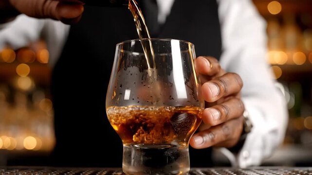 Bartender prepares artisanal cocktail by pouring spirits into tulip shaped glass