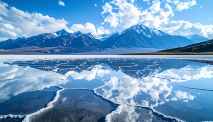 Obraz premium Stunning Mountain Reflection on Serene Salt Flat Under Blue Sky.
