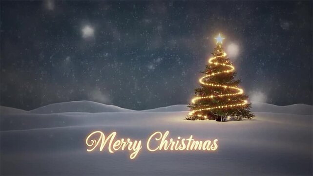 Merry Christmas Festive scene featuring a glowing Christmas tree and a snowy landscape with falling snow