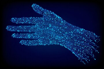Hand in Cyber: A glowing digital hand, composed of interconnected luminous points and lines, rendered in cool shades of blue. Represents the concepts of digital connectivity and technology.