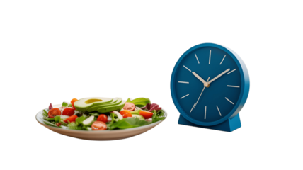 Healthy meal with a clock, symbolizing the importance of mindful eating and time.