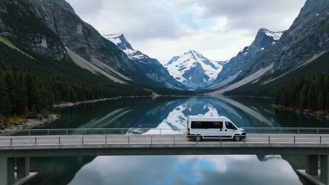 A white camper van driving across a bridge surrounded by mountains and a calm lake