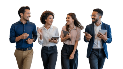 Four professionals walking and conversing animatedly, fostering a positive collaborative atmosphere.