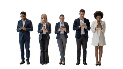 A group of professionals engrossed in their devices, showcasing a modern, connected world.