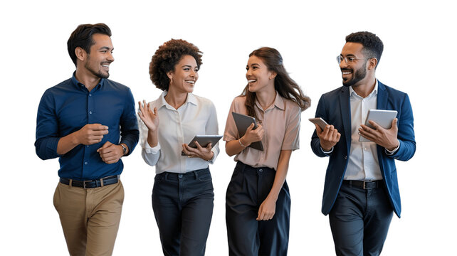 Four professionals walking and conversing animatedly, fostering a positive collaborative atmosphere.
