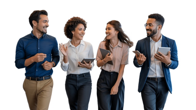 Four professionals walking and conversing animatedly, fostering a positive collaborative atmosphere.