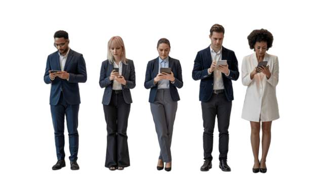 A group of professionals engrossed in their devices, showcasing a modern, connected world.