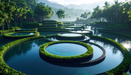 Fototapeta premium Serene Water Gardens with Lush Greenery and Circular Pools in a Tropical Landscape.