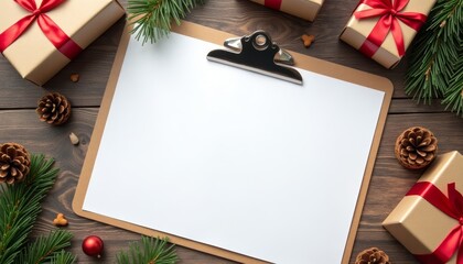 A blank clipboard on a wooden surface surrounded by Christmas gifts, pine branches, and pine cones. Ideal for holiday mockup designs.