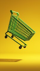 Shopping Cart on Yellow: A solitary, vibrant shopping cart levitates against a solid yellow backdrop, its shadow adding depth to the visual narrative, embodying consumerism and retail.